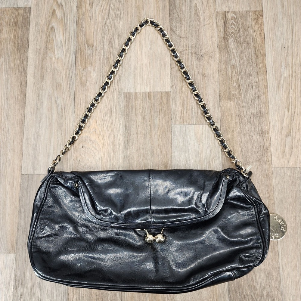 Charles David Black Leather Satchel Chain Strap Shoulder Bag Fold‎ Clasp